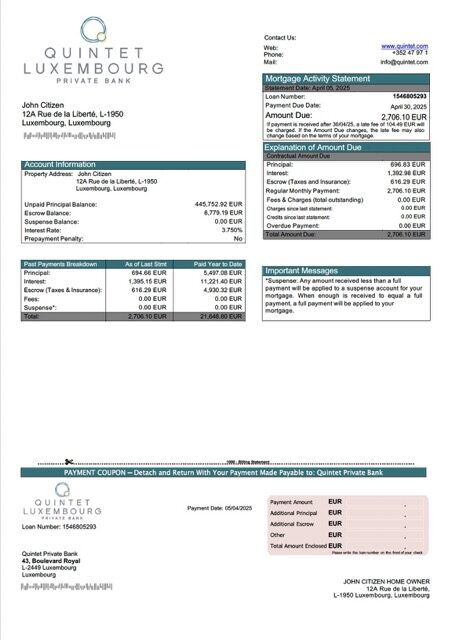 Luxembourg Quintet Private Bank mortgage statement Word and PDF template