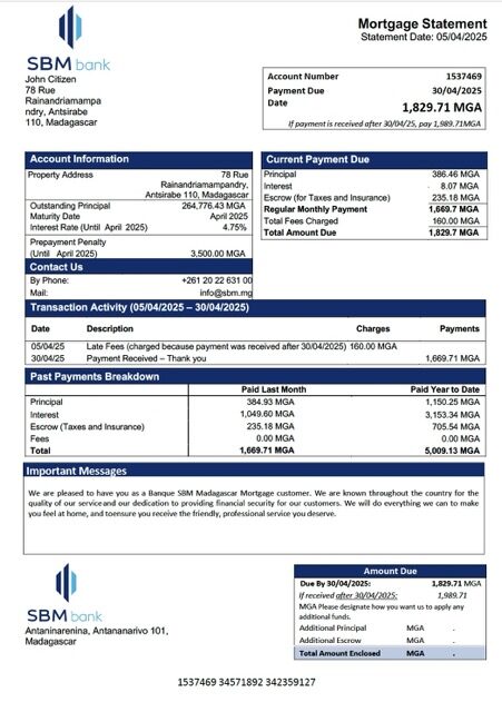 Madagascar Banque SBM Madagascar mortgage statement Word and PDF template