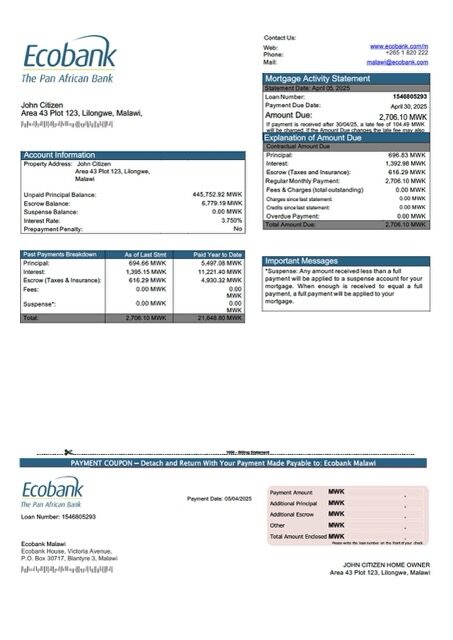 Malawi Ecobank Malawi mortgage statement Word and PDF template