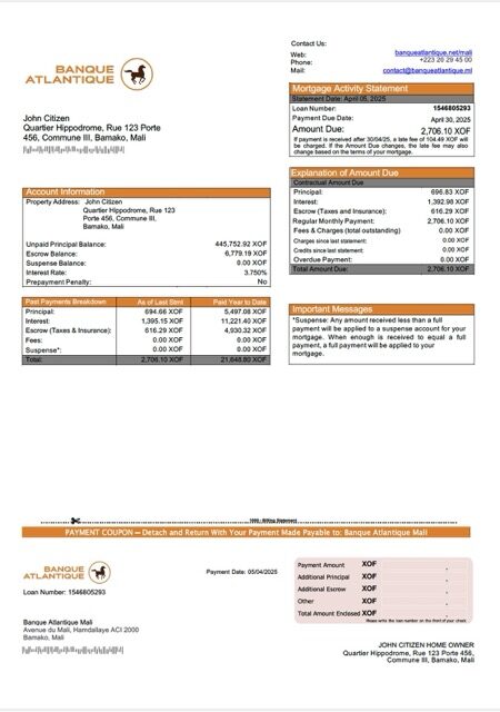 Mali Banque Atlantique Mali mortgage statement Word and PDF template