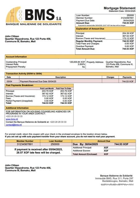 Mali Banque Malienne de Solidarité (BMS) mortgage statement Word and PDF template