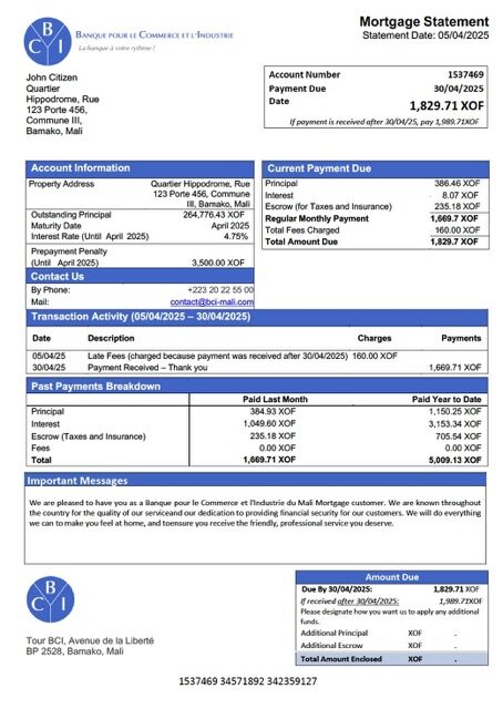 Mali Banque pour le Commerce et l'Industrie du Mali (BCI-Mali) mortgage statement Word and PDF template
