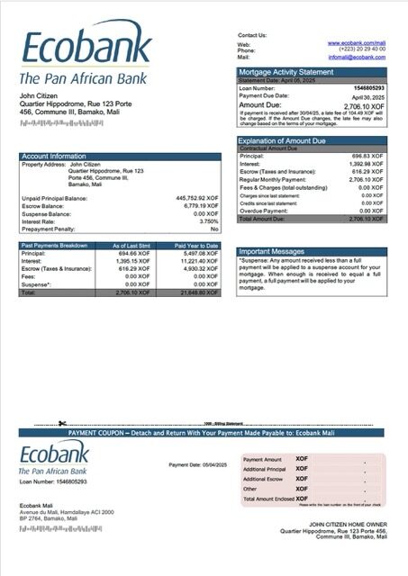 Mali Ecobank Mali mortgage statement Word and PDF template