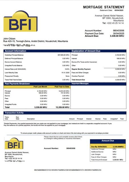 Mauritania Banque des Financements Islamiques (BFI) mortgage statement Word and PDF template