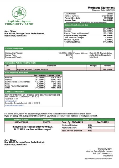 Mauritania Chinguitty Bank mortgage statement Word and PDF template