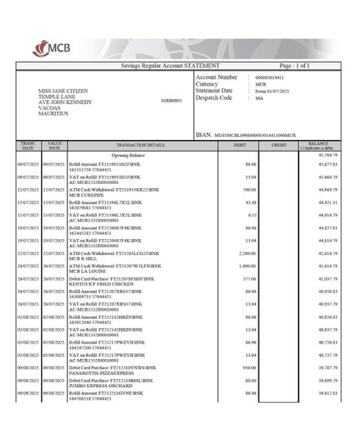 Mauritius Commercial Bank (MCB) account statement Word and PDF template