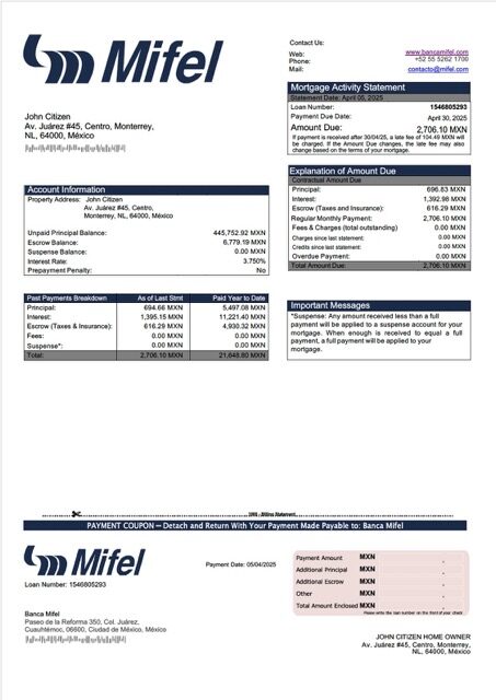 Mexico Banca Mifel mortgage statement Word and PDF template