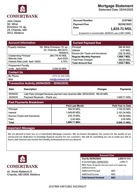 Moldova Comerțbank mortgage statement Word and PDF template