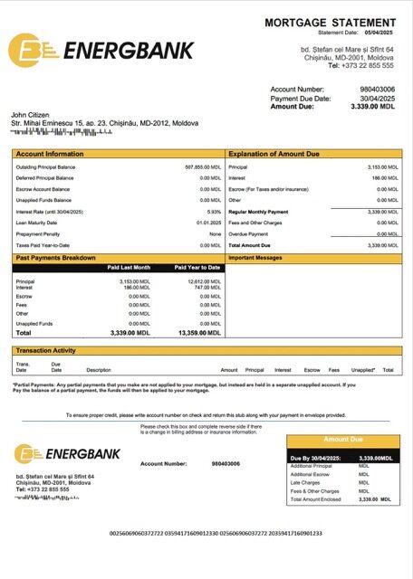 Moldova Energbank mortgage statement Word and PDF template