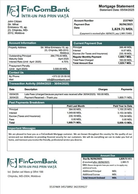 Moldova FinComBank mortgage statement Word and PDF template
