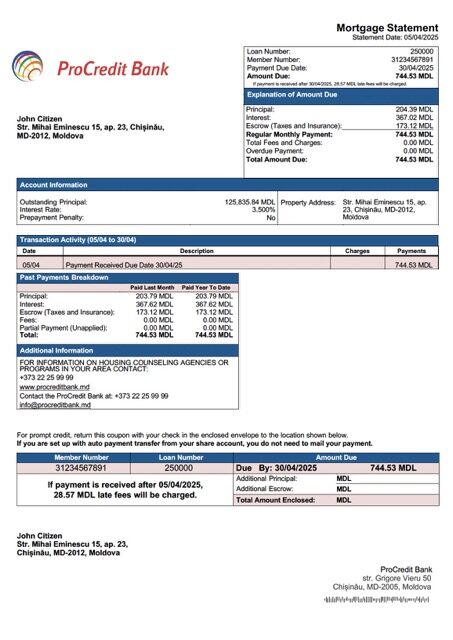 Moldova ProCredit Bank mortgage statement Word and PDF template