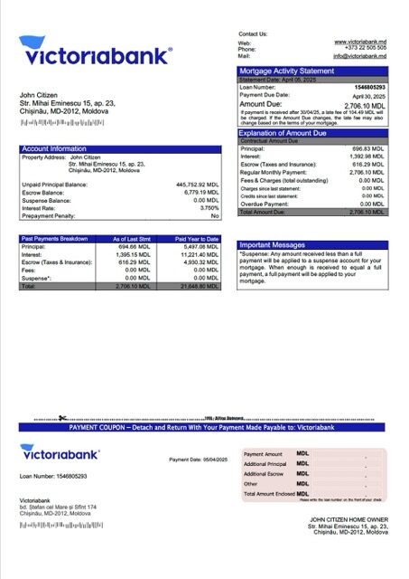 Moldova Victoriabank mortgage statement Word and PDF template
