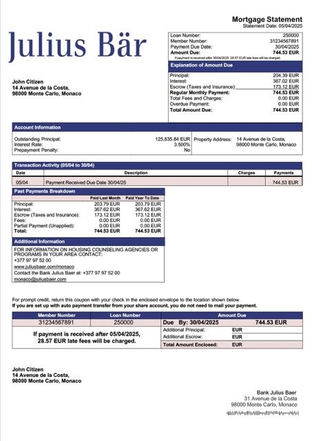 Monaco Bank Julius Baer mortgage statement Word and PDF template