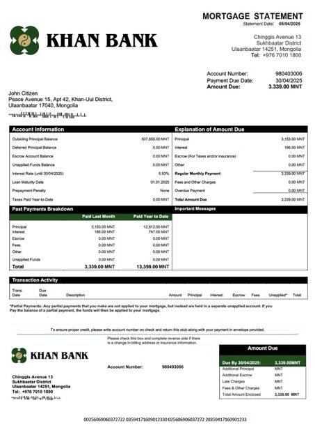 Mongolia Khan Bank mortgage statement Word and PDF template