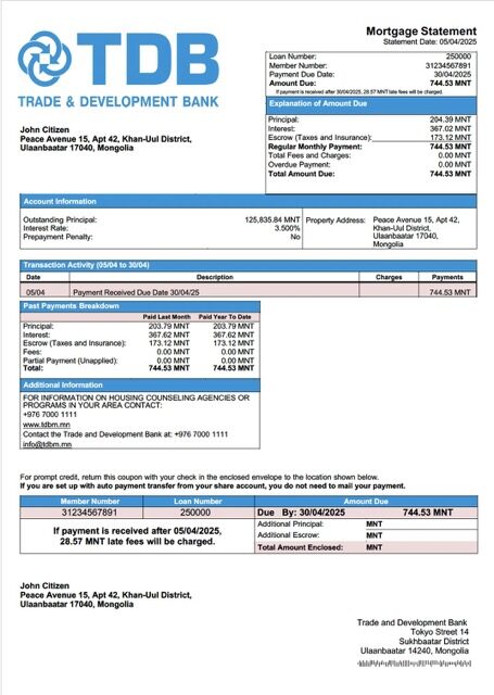 Mongolia Trade and Development Bank mortgage statement Word and PDF template