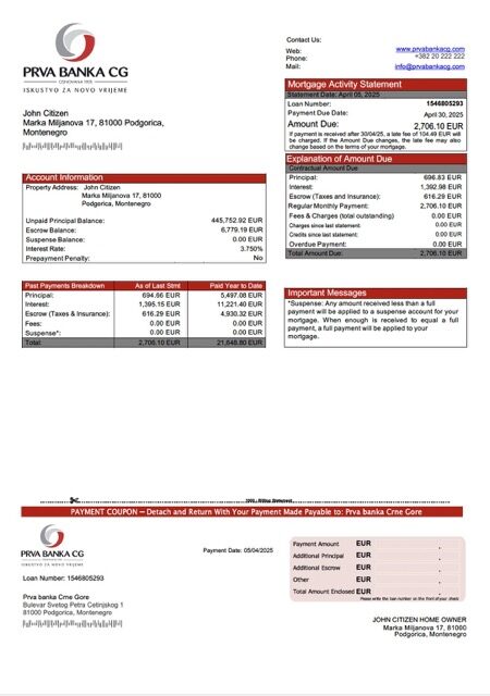 Montenegro Prva banka Crne Gore mortgage statement Word and PDF template