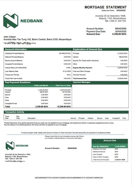 Mozambique Nedbank Moçambique mortgage statement Word and PDF template