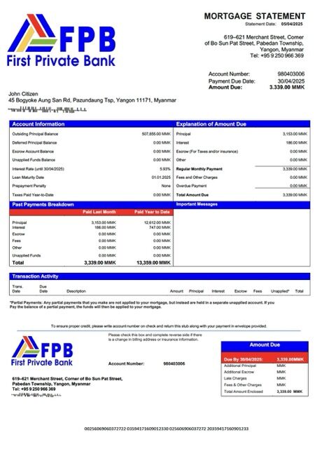 Myanmar First Private Bank mortgage statement Word and PDF template