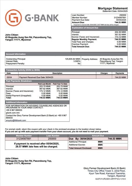 Myanmar Glory Farmer Development Bank (G Bank) mortgage statement Word and PDF template
