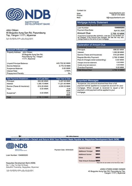 Myanmar Naypyitaw Development Bank (NDB) mortgage statement Word and PDF template