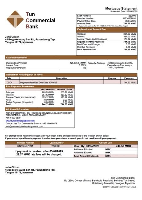 Myanmar Tun Foundation Bank mortgage statement Word and PDF template