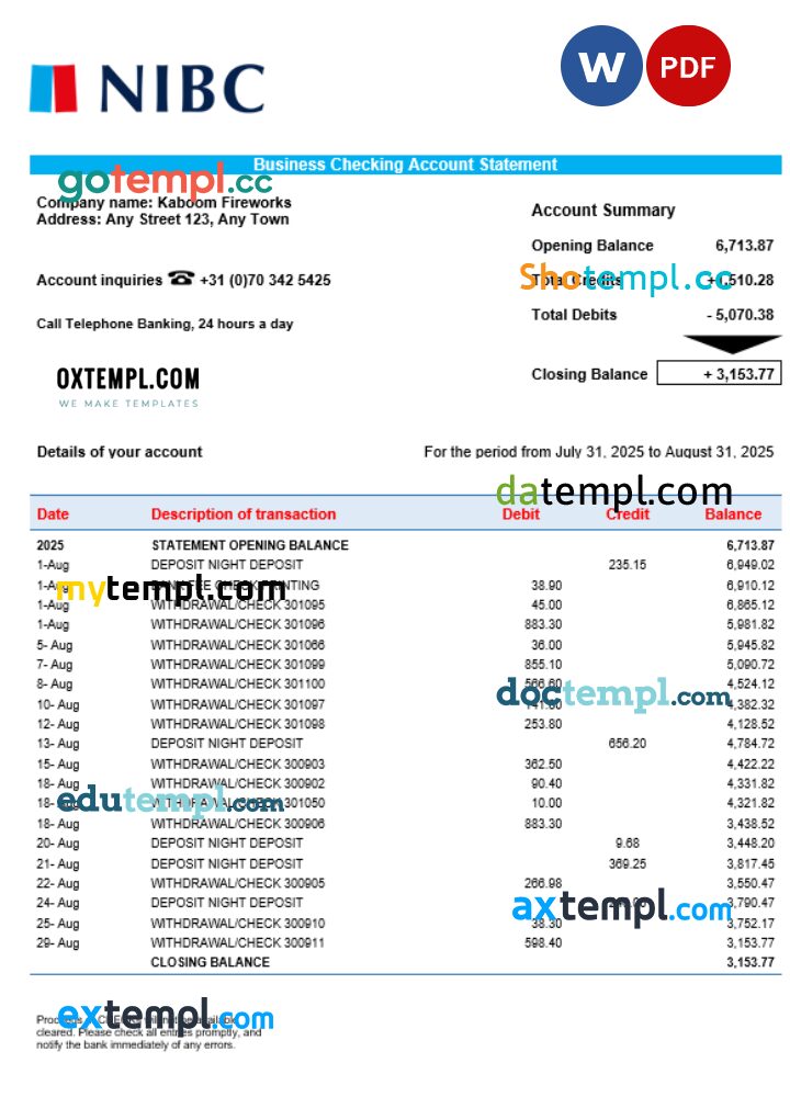 NIBC Bank business organization checking statement Word and PDF format