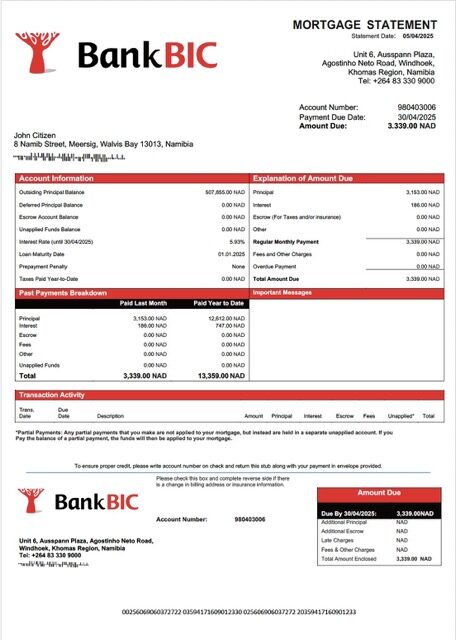Namibia Bank BIC Namibia mortgage statement Word and PDF template