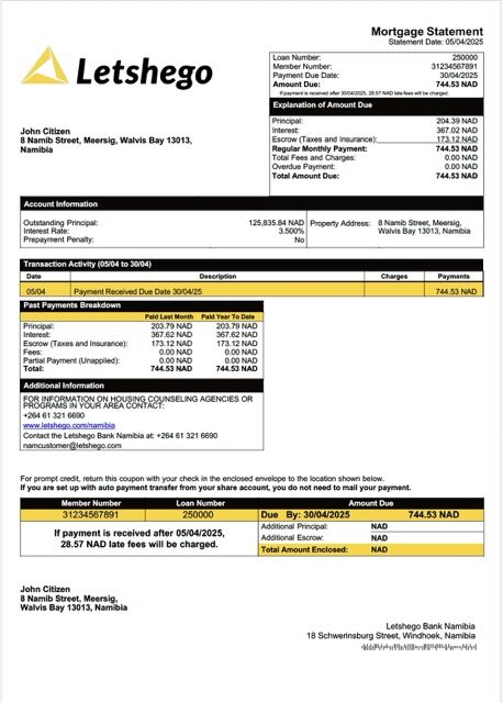 Namibia Letshego Bank Namibia mortgage statement Word and PDF template