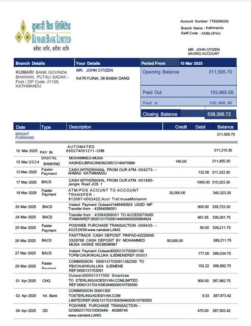 Nepal Kumari Bank Limited account statement Word and PDF template