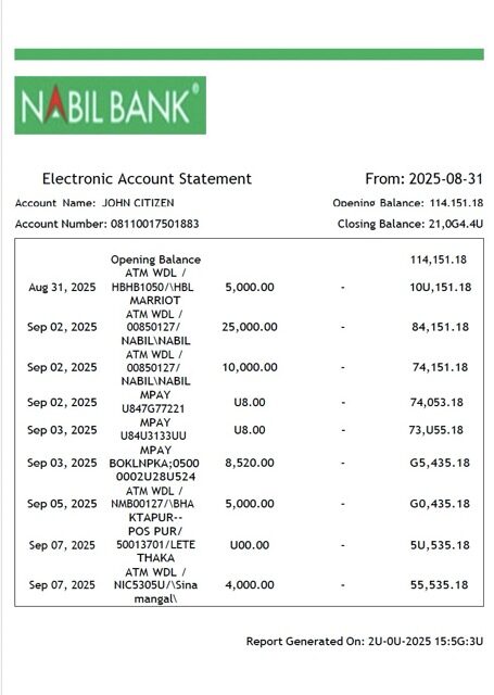 Nepal Nabil Bank electronic account statement Word and PDF template