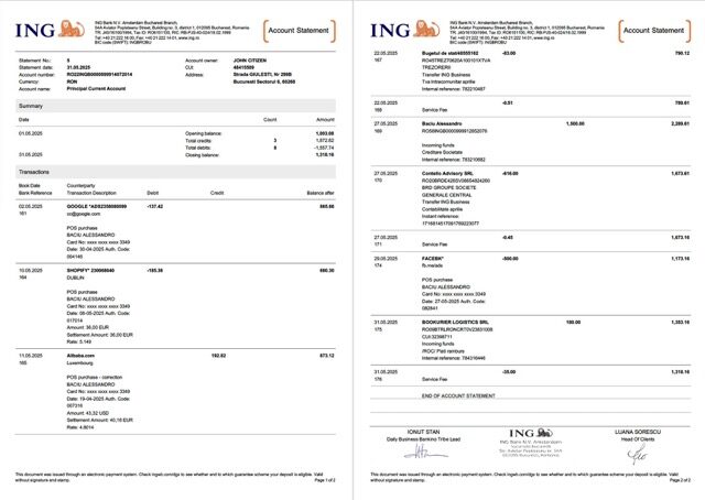 Netherlands ING Bank account statement Word and PDF template, 2 pages