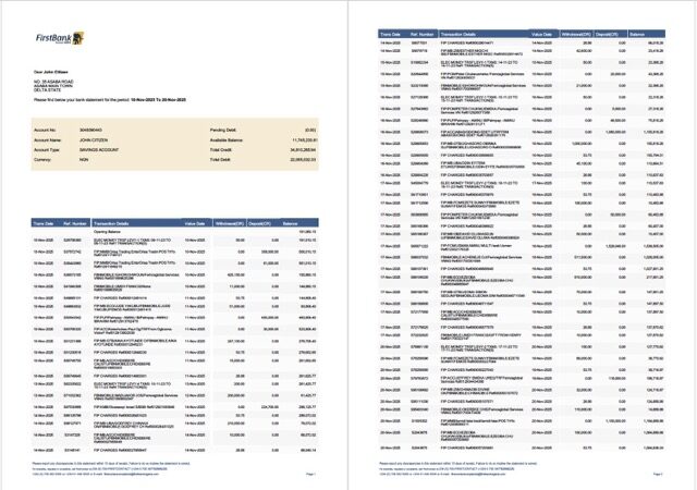 Nigeria First Bank account statement Word and PDF template, 2 pages