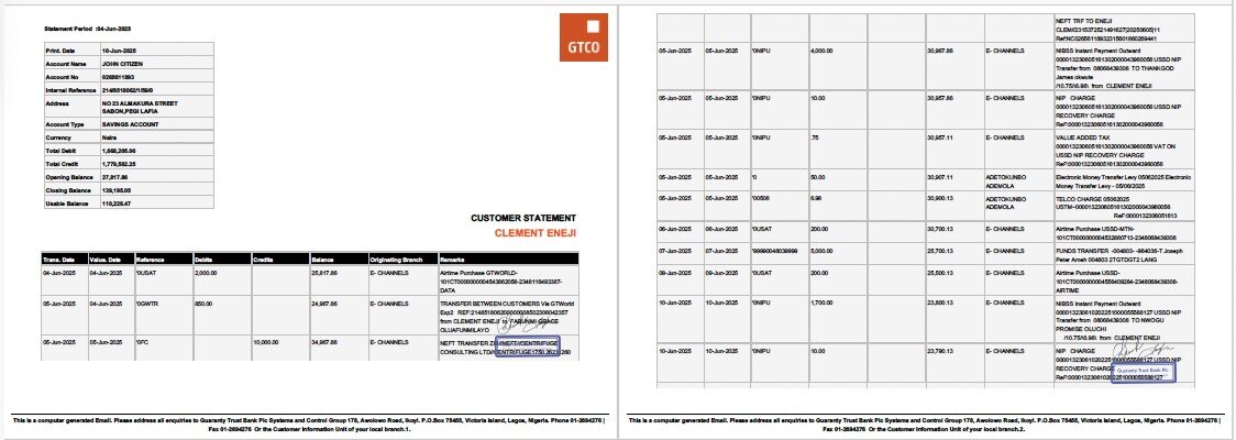 Nigeria Guaranty Trust Bank Plc account statement Word and PDF template, 2 pages