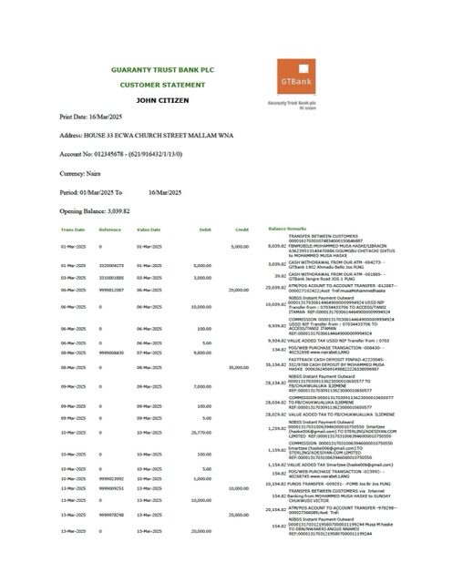 Nigeria Guaranty Trust Bank Plc account statement Word and PDF template, version 2