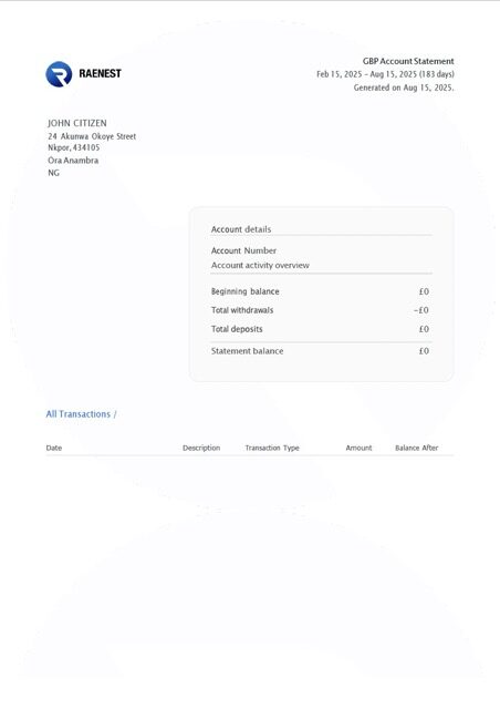 Nigeria Raenest account statement Word and PDF template