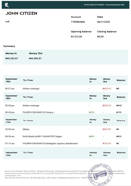 Nigeria Raven Bank statement Word and PDF template