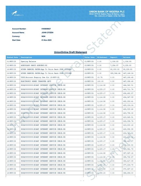Nigeria Union Bank of Nigeria account statement Word and PDF template