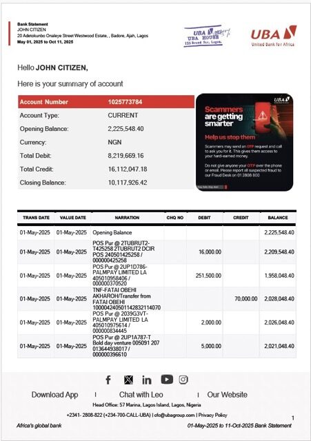 Nigeria United Bank for Africa bank statement Word and PDF template
