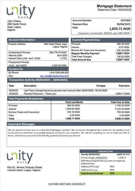 Nigeria Unity Bank mortgage statement Word and PDF template
