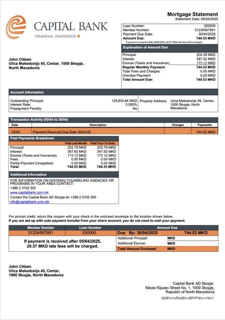 North Macedonia Capital Bank AD Skopje mortgage statement Word and PDF template