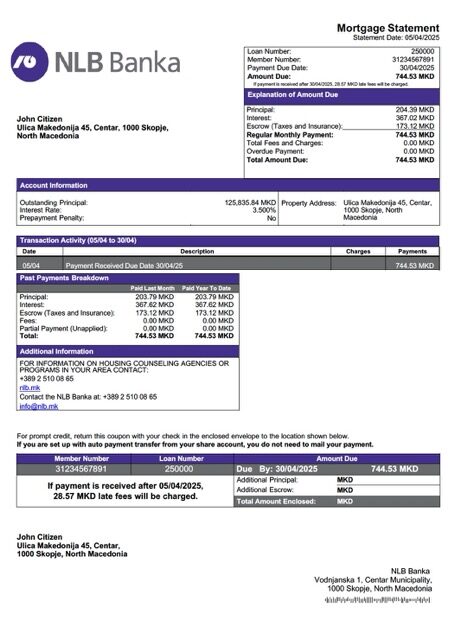 North Macedonia NLB Banka mortgage statement Word and PDF template