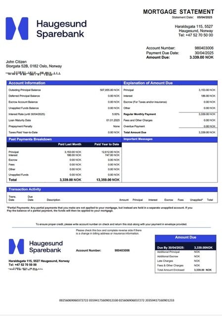 Norway Haugesund Sparebank mortgage statement Word and PDF template