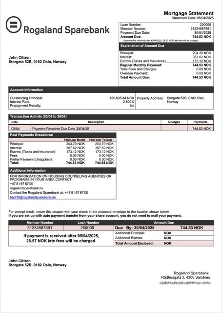 Norway Rogaland Sparebank mortgage statement Word and PDF template