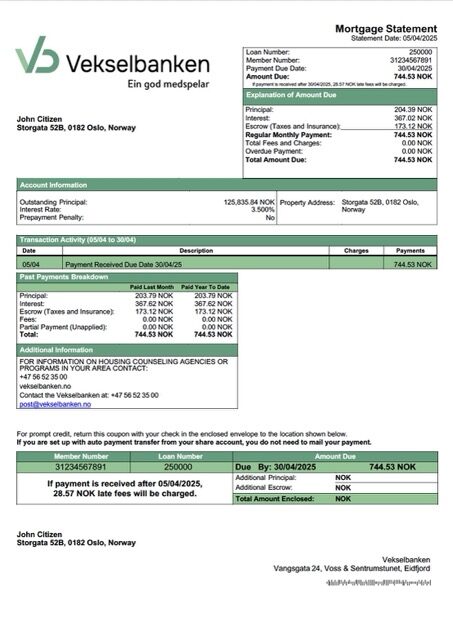 Norway Vekselbanken mortgage statement Word and PDF template
