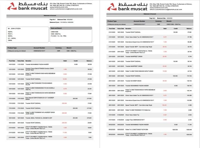 Oman Bank Muscat statement of account Word and PDF template, 2 pages