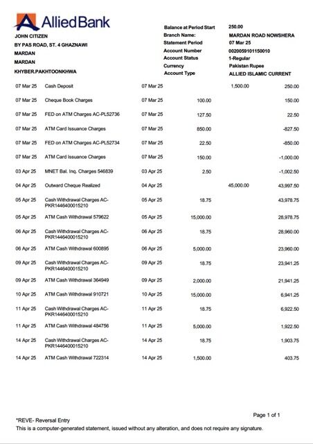Pakistan Allied Bank Limited account statement Word and PDF template