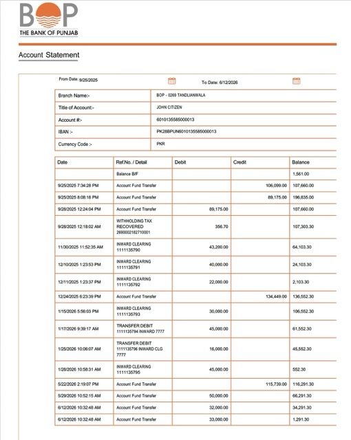Pakistan Bank of Punjab account statement Word and PDF template