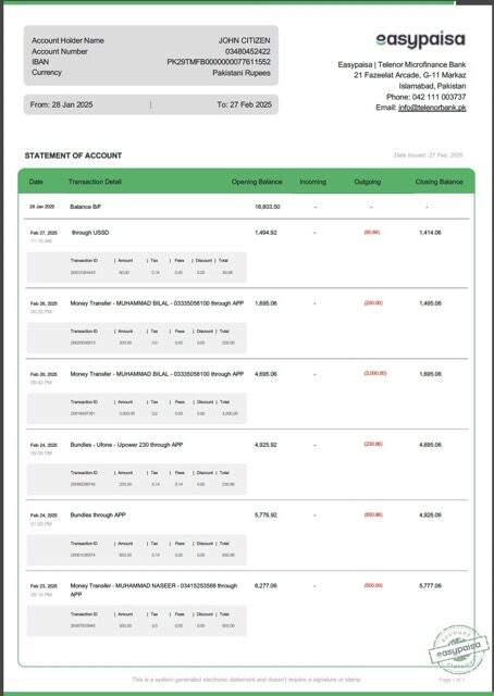 Pakistan Easypaisa statement of account Word and PDF template