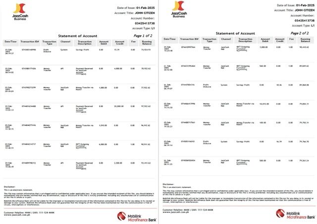 Pakistan Mobilink Microfinance Bank statement of account Word and PDF template, 2 pages