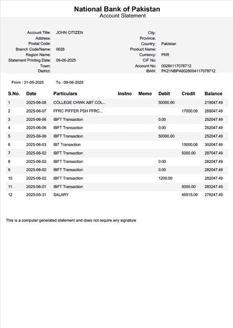 Pakistan National Bank of Pakistan account statement Word and PDF template, version 2
